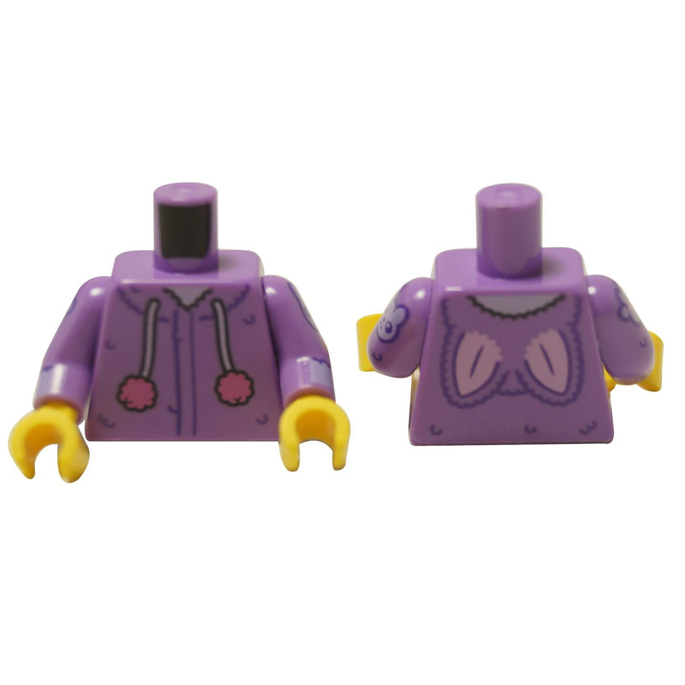 LEGO® Torso (973pb5923c01) of a medium lavender hoodie with rabbit details, showing the front with pom-pom drawstrings and the back with printed ears.
