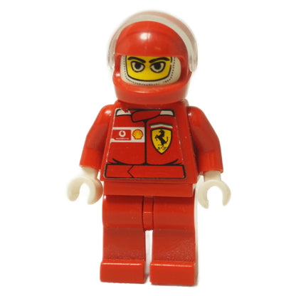 LEGO® Racers Ferrari F1 driver minifigure (rac024as) with a determined expression, wearing the iconic red racing suit with sponsor stickers and a red helmet.