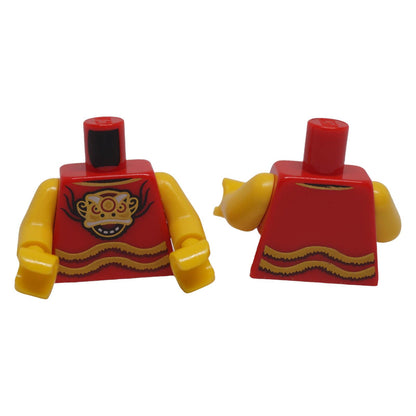 LEGO red BAM torso with dragon head, ornate gold mask and yellow fringe, shown from front and back