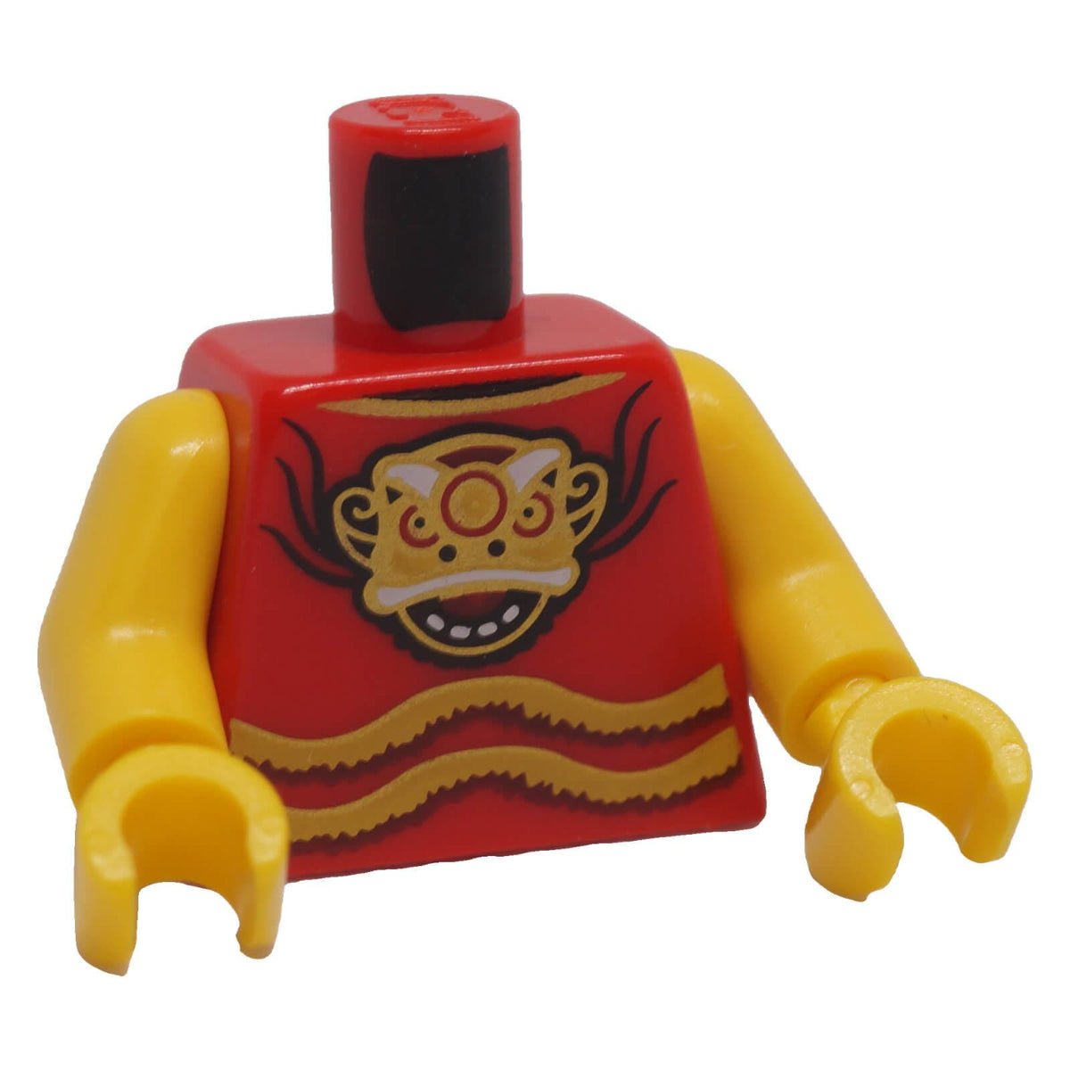 LEGO red minifigure torso with dragon head, open mouth, gold mask and yellow fringe, front view