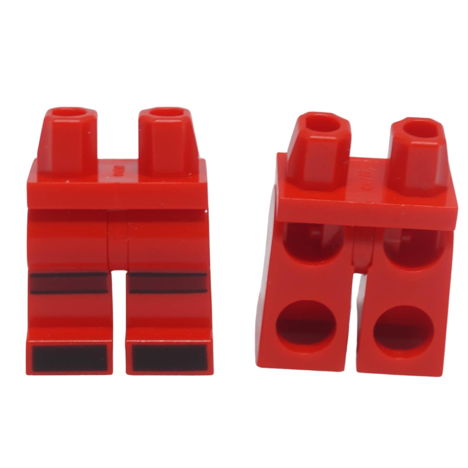 LEGO® red minifigure hips and legs with dark red and black stripes on the knees and black toe pattern part 970c00pb1445