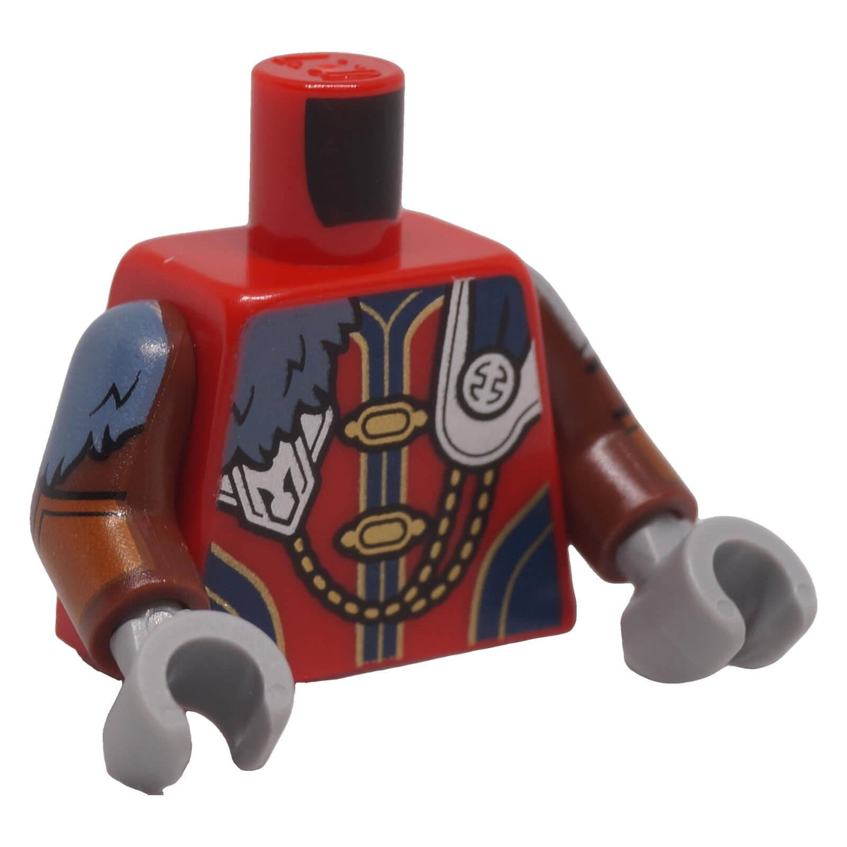 LEGO red tunic torso 973pb5827c01 with gold clasps, dark blue cape, silver armour and sand blue fur printing front