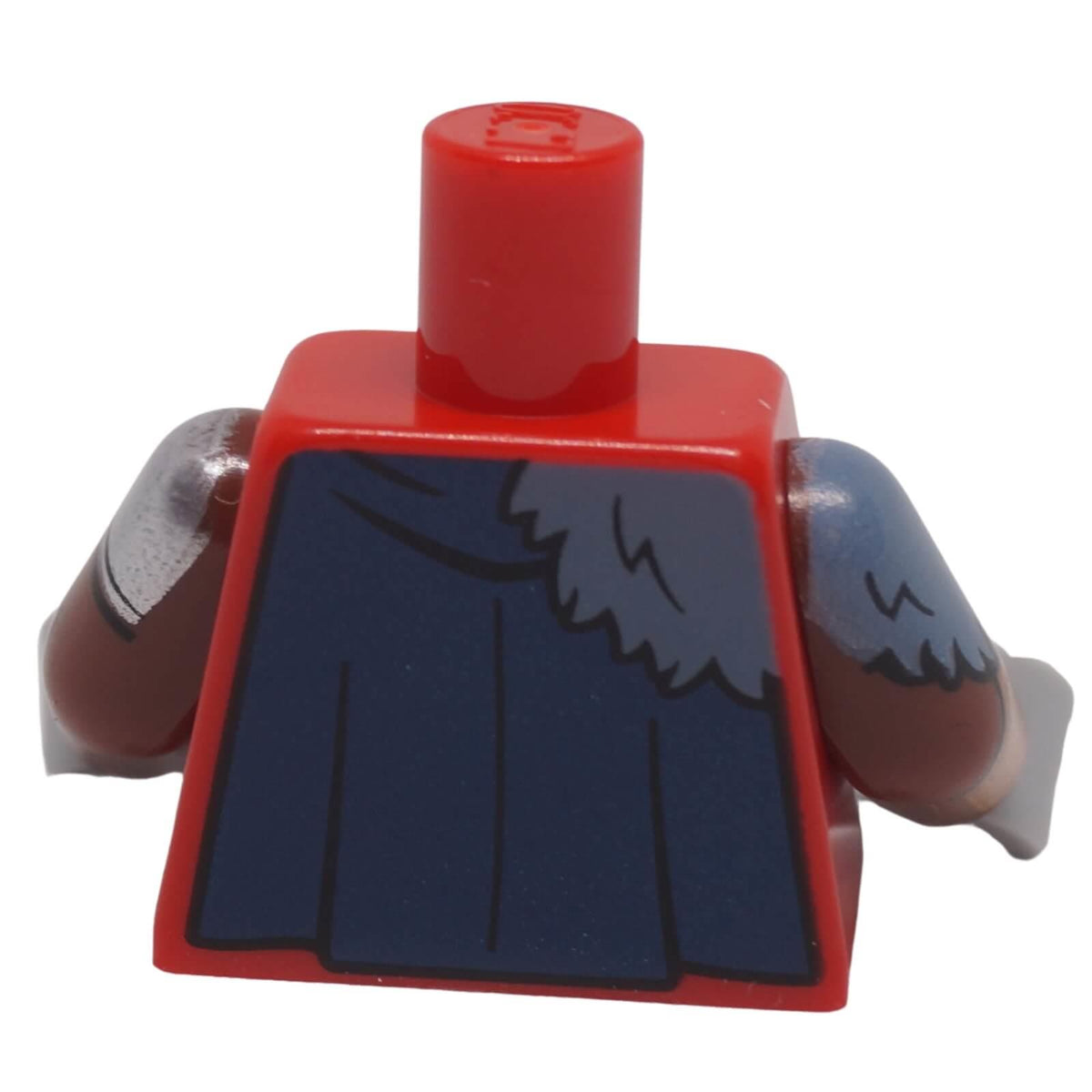 LEGO red tunic torso 973pb5827c01 with gold clasps, dark blue cape, silver armour and sand blue fur printing back view