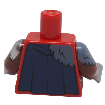 LEGO red tunic torso 973pb5827c01 with gold clasps, dark blue cape, silver armour and sand blue fur printing back view
