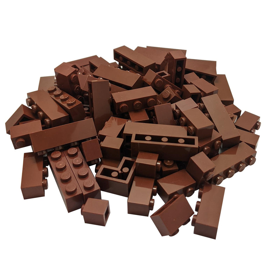 A large pile of 100 brand new, genuine LEGO® reddish brown bricks, featuring a mix of 1x1, 1x2, 1x3, 1x4, and corner pieces.