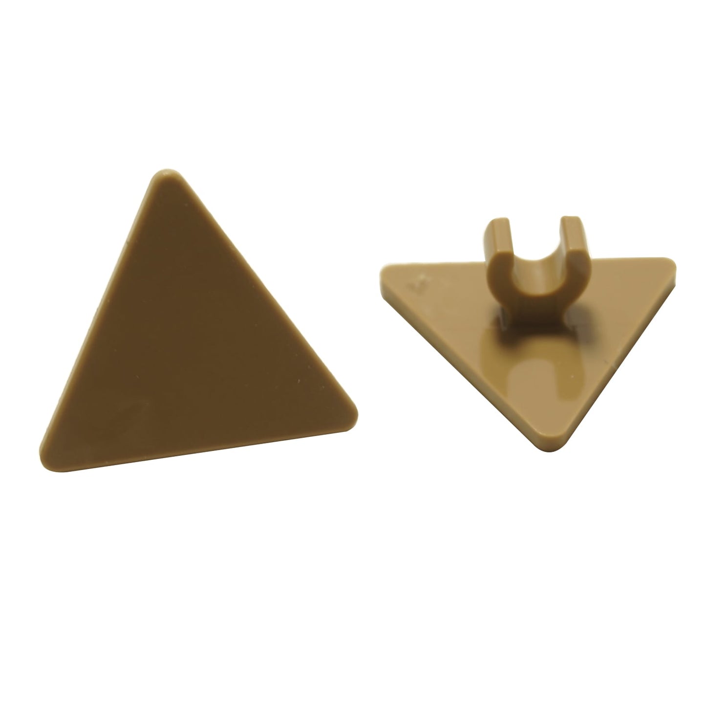 LEGO® Road Sign 2x2 Triangle with Clip part (892) in a dark tan color, highlighting its shape and clip-on attachment.
