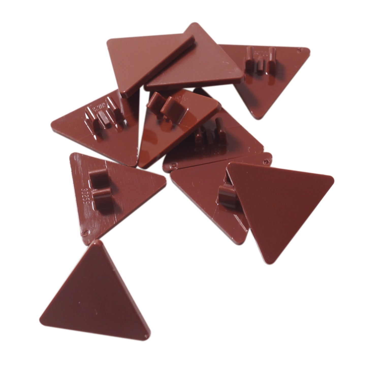 LEGO® Road Sign 2x2 Triangle with Clip part (892) in a reddish brown color, highlighting its shape and clip-on attachment.
