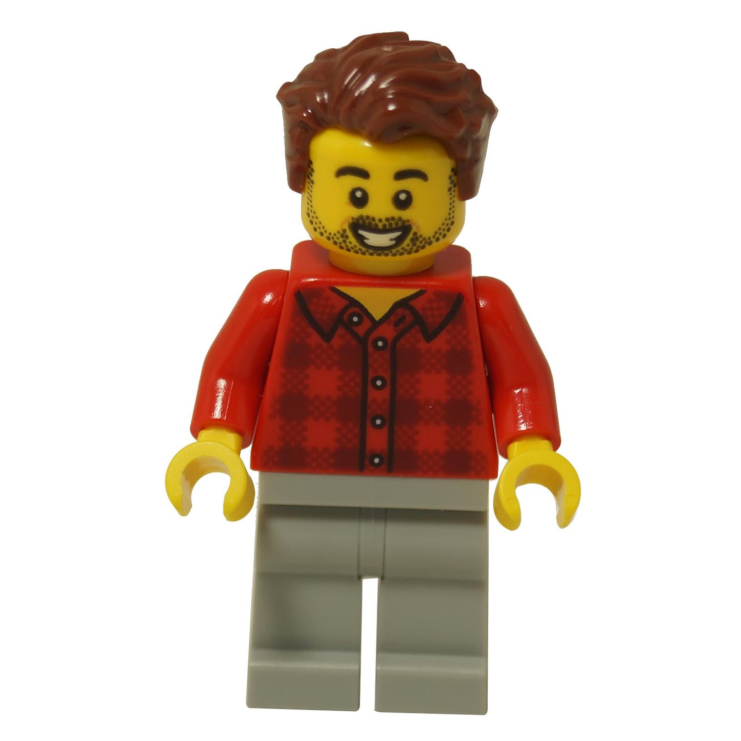 La minifigura LEGO Rob el Diseñador de Fans (idea226) sonriendo, vistiendo una camisa de franela a cuadros rojos y con el cabello castaño despeinado.