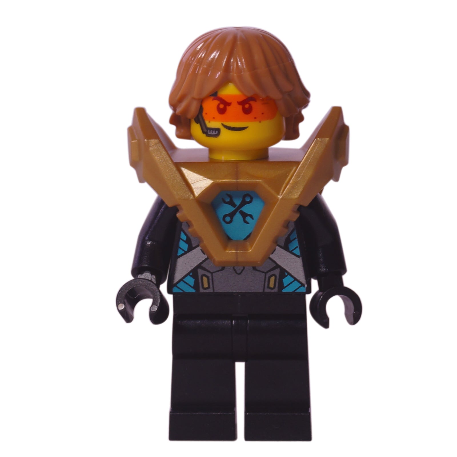 LEGO Nexo Knights Robin Underwood minifigure nex139 with pearl gold armor and orange visor.