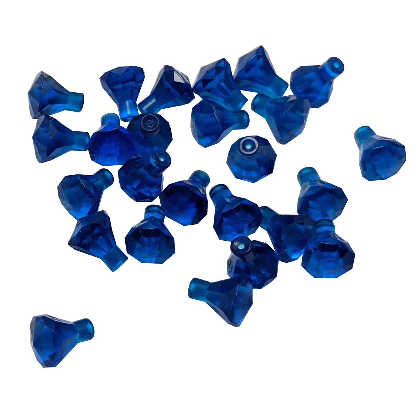 Pieza de joya Rock 1×1 de color azul oscuro transparente LEGO® con diseño de corte de 24 facetas, utilizada para gemas, cristales y elementos decorativos en construcciones.

