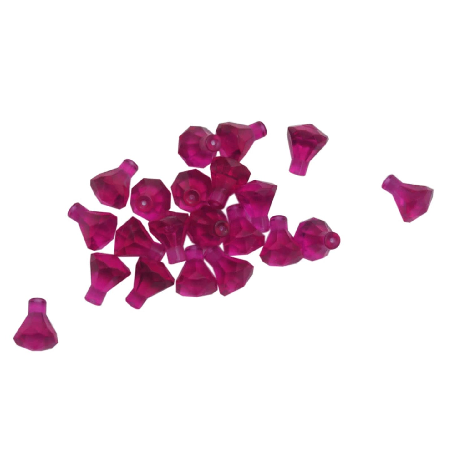 Pieza de joya Rock 1×1 de color rosa oscuro transparente LEGO® con diseño de corte de 24 facetas, utilizada para gemas, cristales y elementos decorativos en construcciones.
