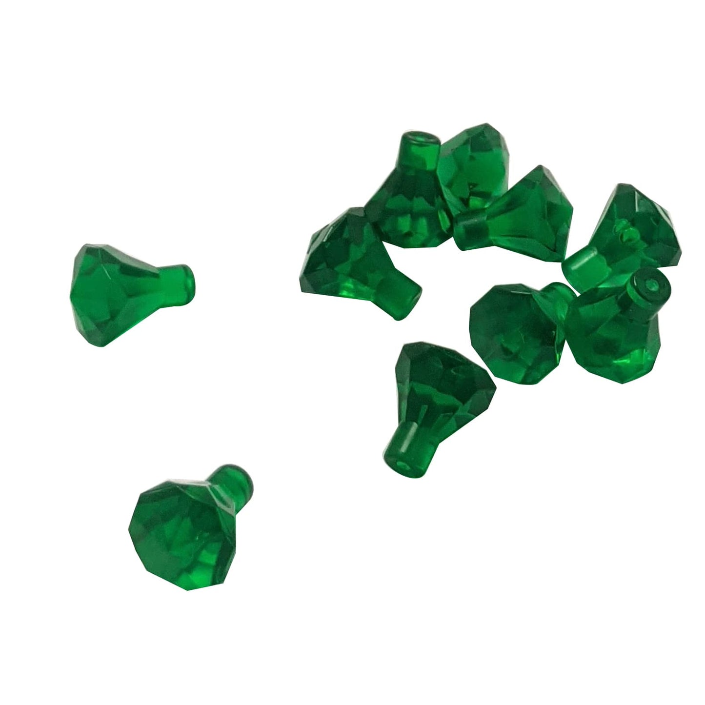 Pieza de joya Rock 1×1 de color verde transparente LEGO® con diseño de corte de 24 facetas, utilizada para gemas, cristales y elementos decorativos en construcciones.

