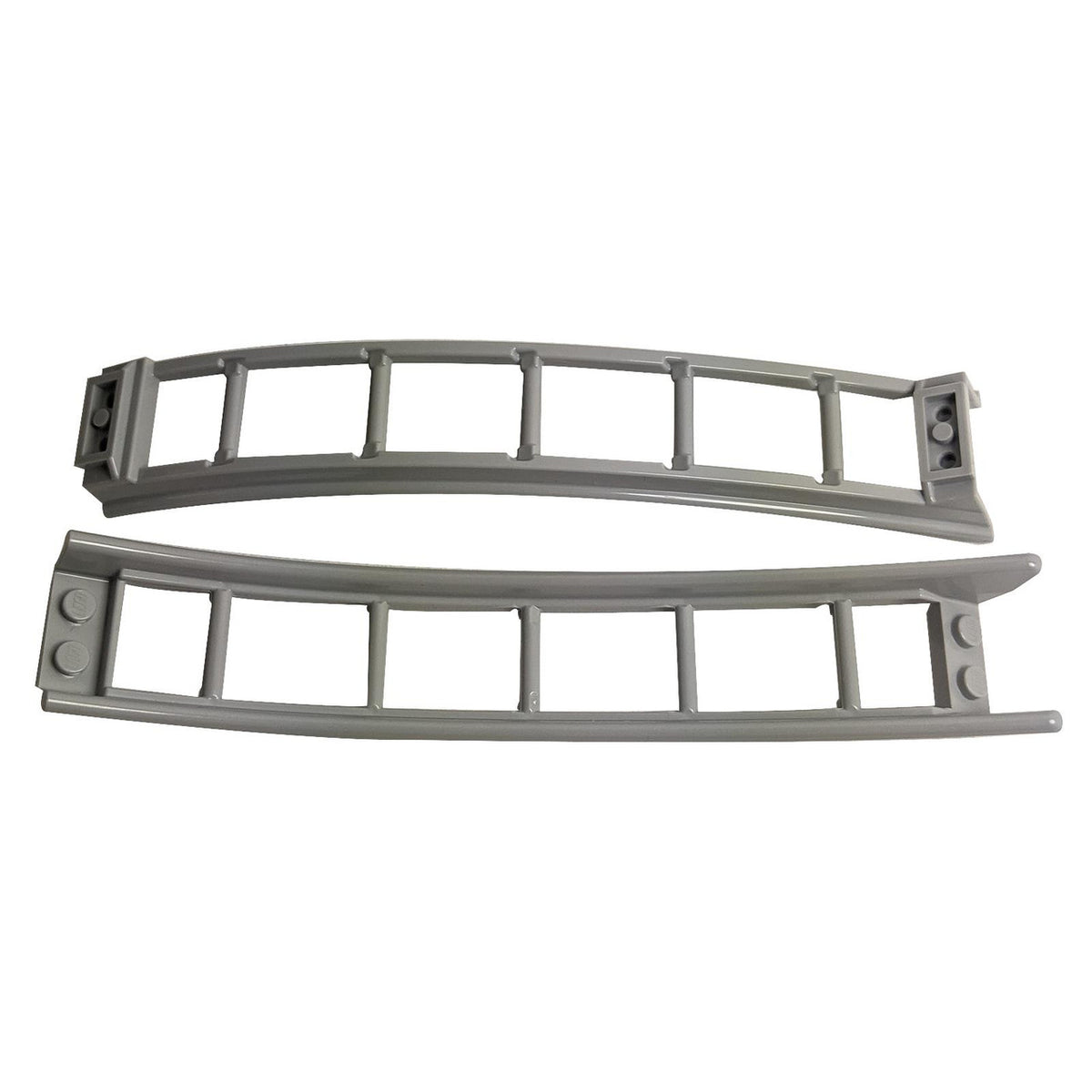 Two gray curved LEGO roller coaster track pieces 26559.