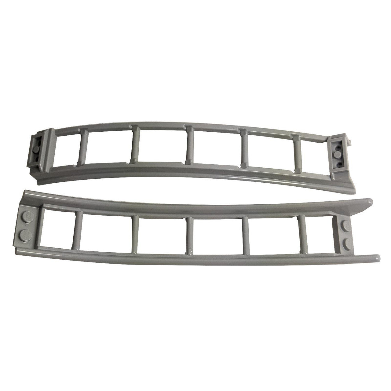 Two gray curved LEGO roller coaster track pieces 26559.