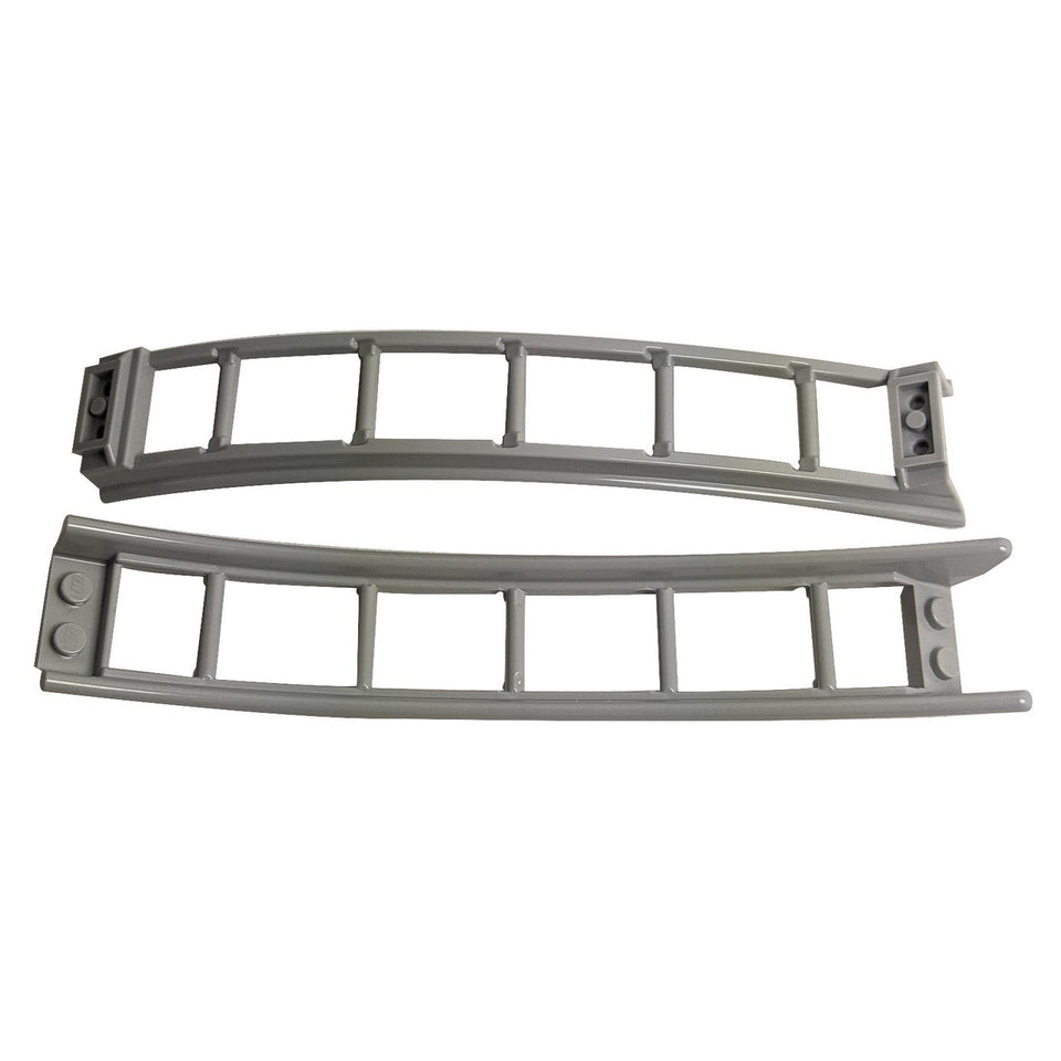 Two gray curved LEGO roller coaster track pieces 26559.