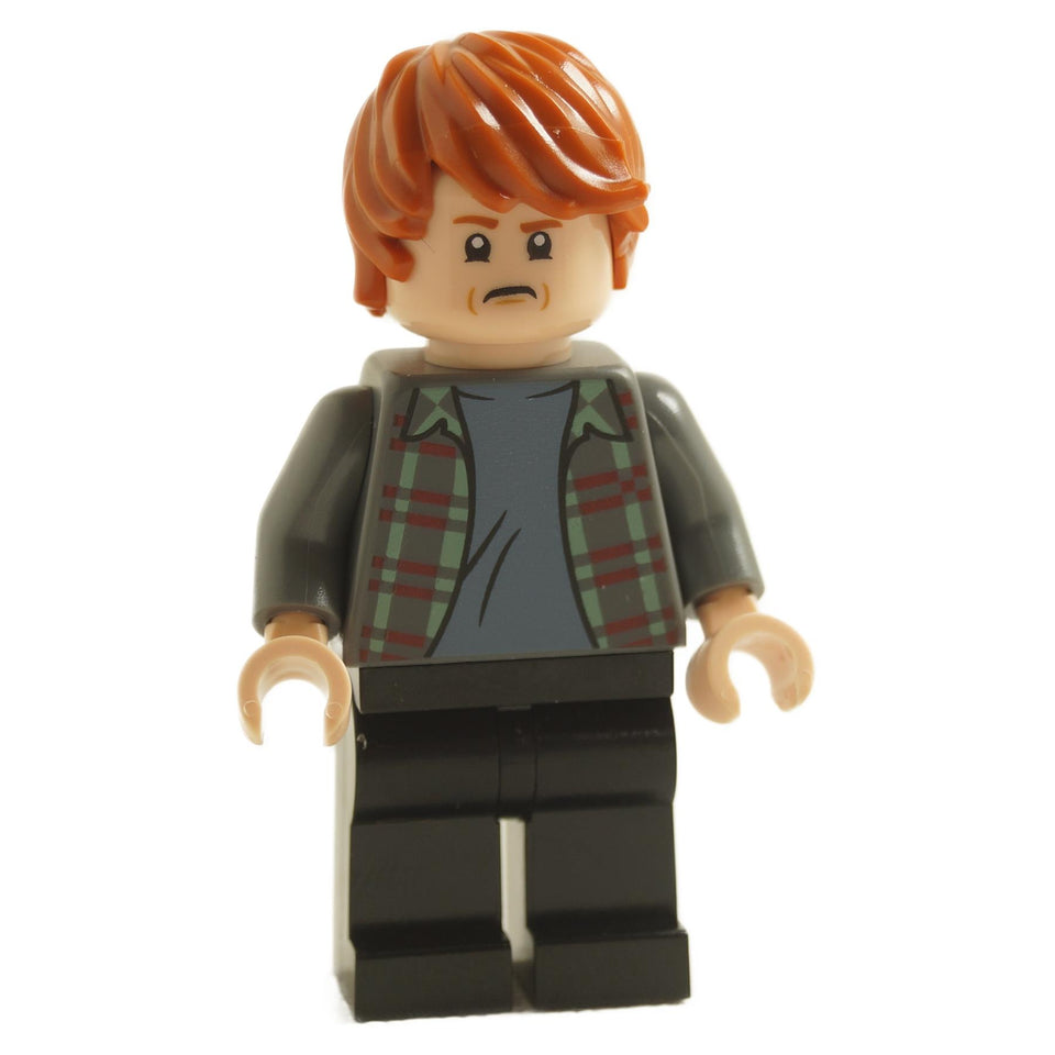 LEGO minifigure of Ron Weasley from the Harry Potter series, wearing a plaid shirt and black legs.