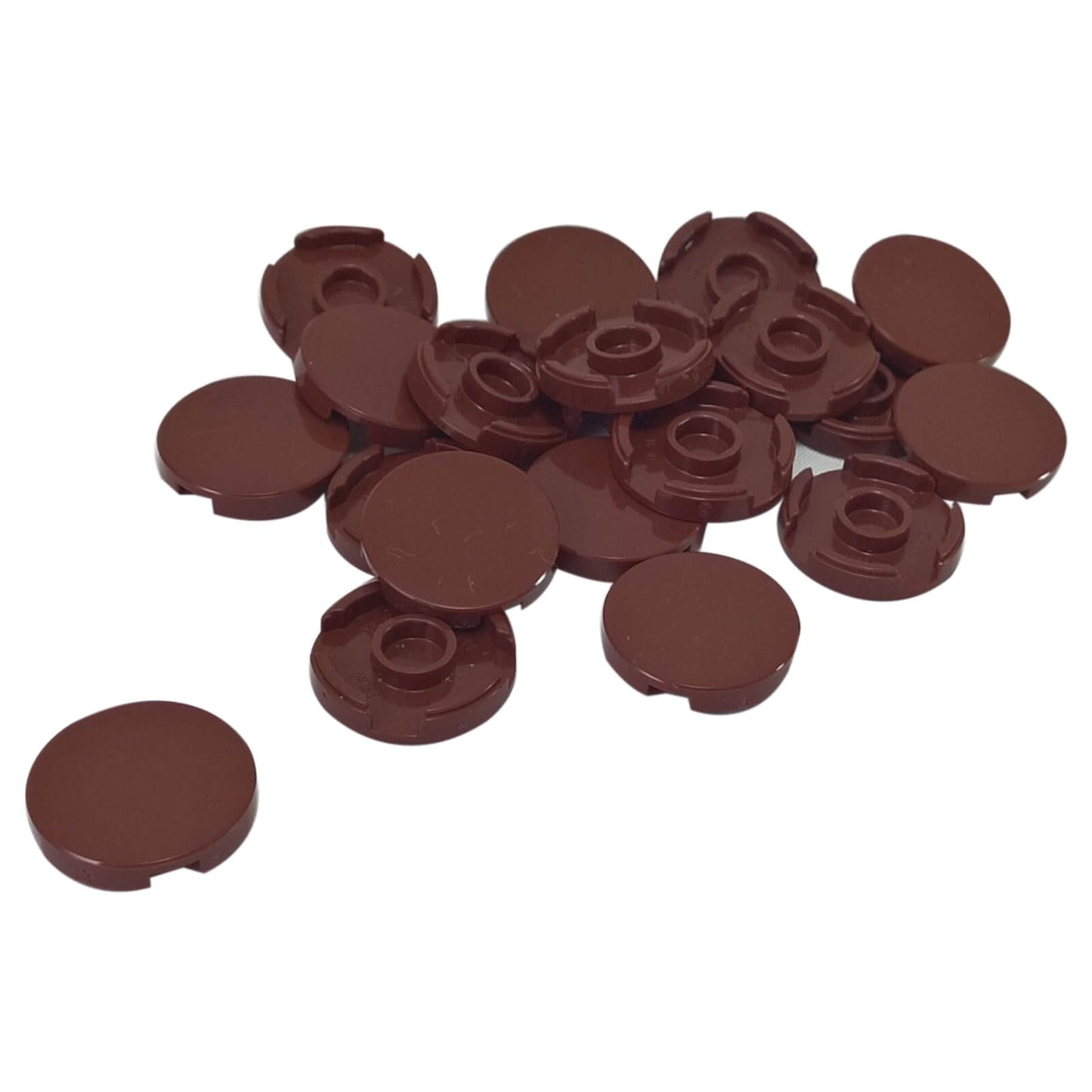 LEGO round tile 2x2 with stud holder underside part 14769, reddish brown