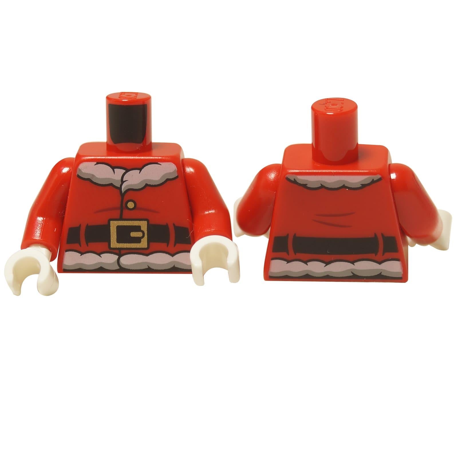 LEGO® Jultomtens torso (973pb4487c01), som visar fram- och baksidan av den ikoniska röda jackan med vit pälskant och ett svart bälte.