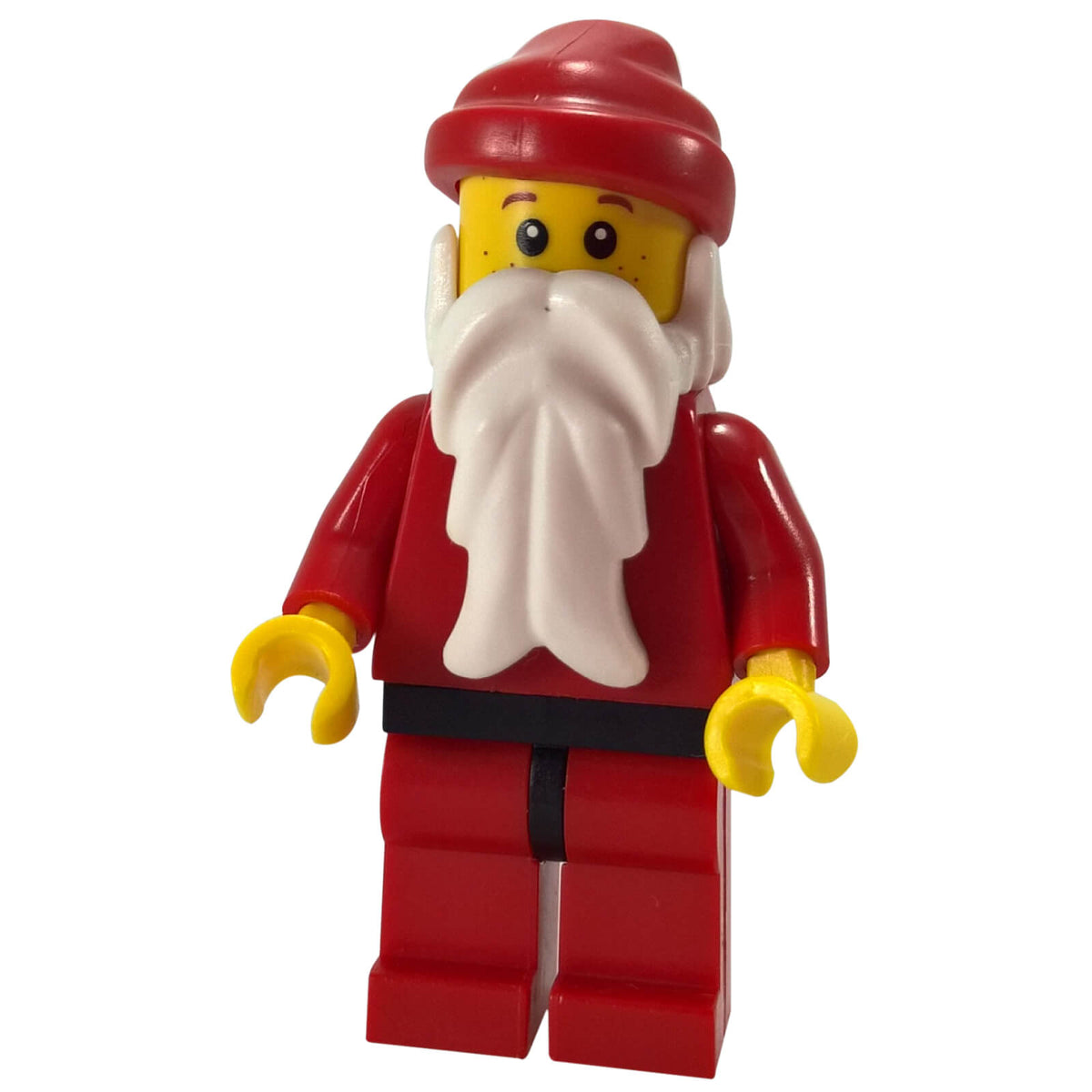 LEGO® Santa Claus hol014 minifigure with red hat, white beard, plain red torso, red hips and legs, and white hands