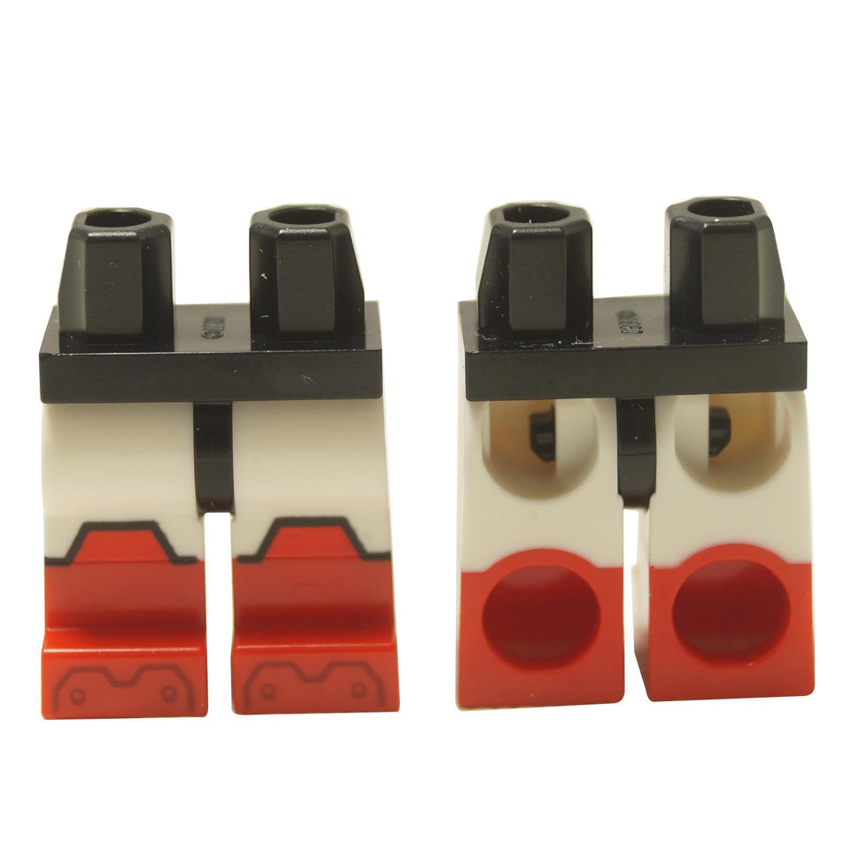 LEGO® Asamblare șolduri și picioare (970c01pb68) cu picioare superioare albe și cizme roșii modelate, arătând vederi din față și din spate.