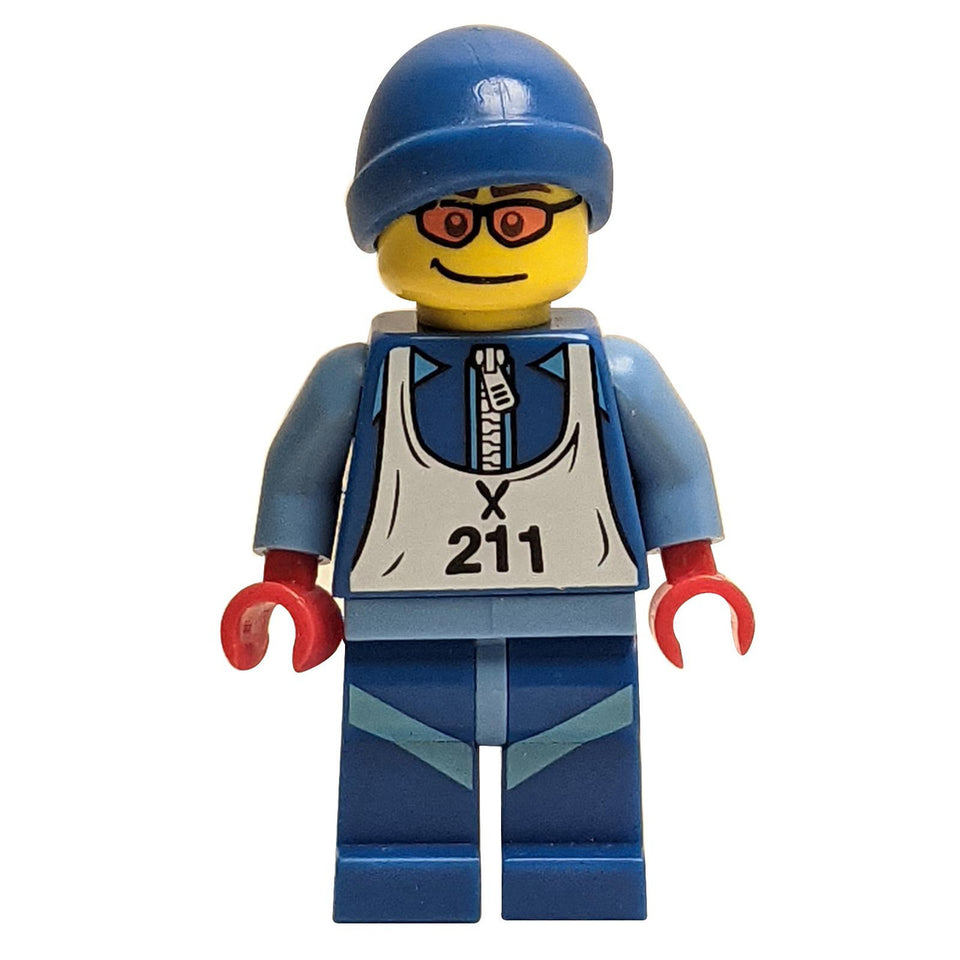 LEGO Skier minifigure col028 in blue suit with bib number 211.