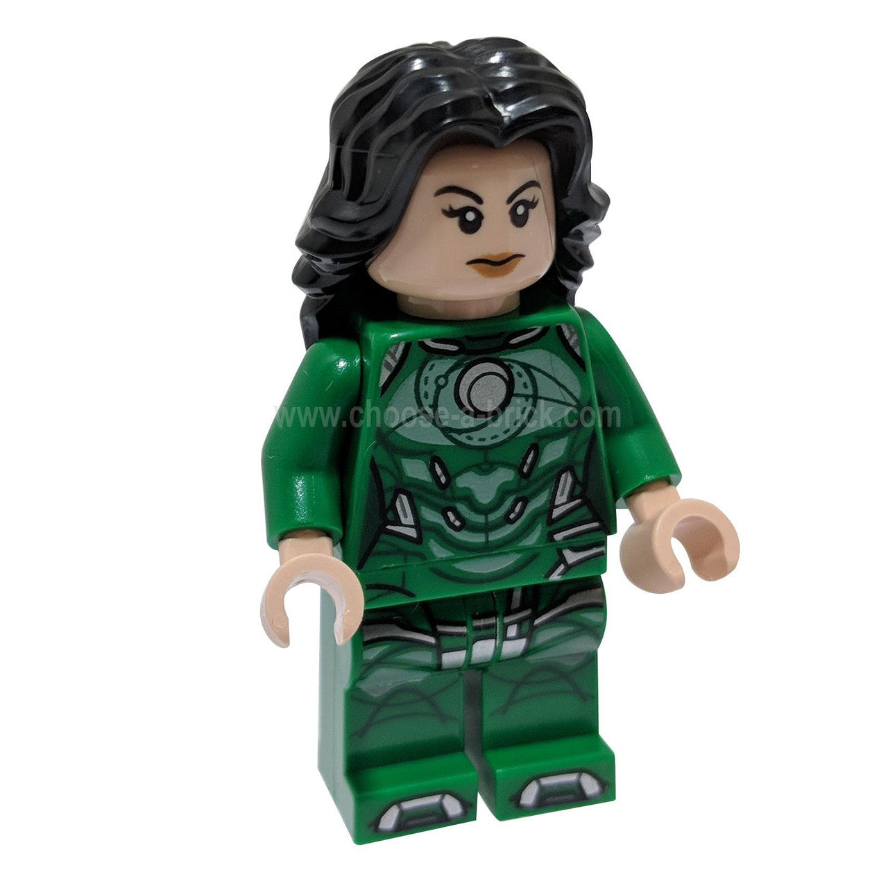 LEGO Sersi minifigure sh0765 with green torso and circular print design
