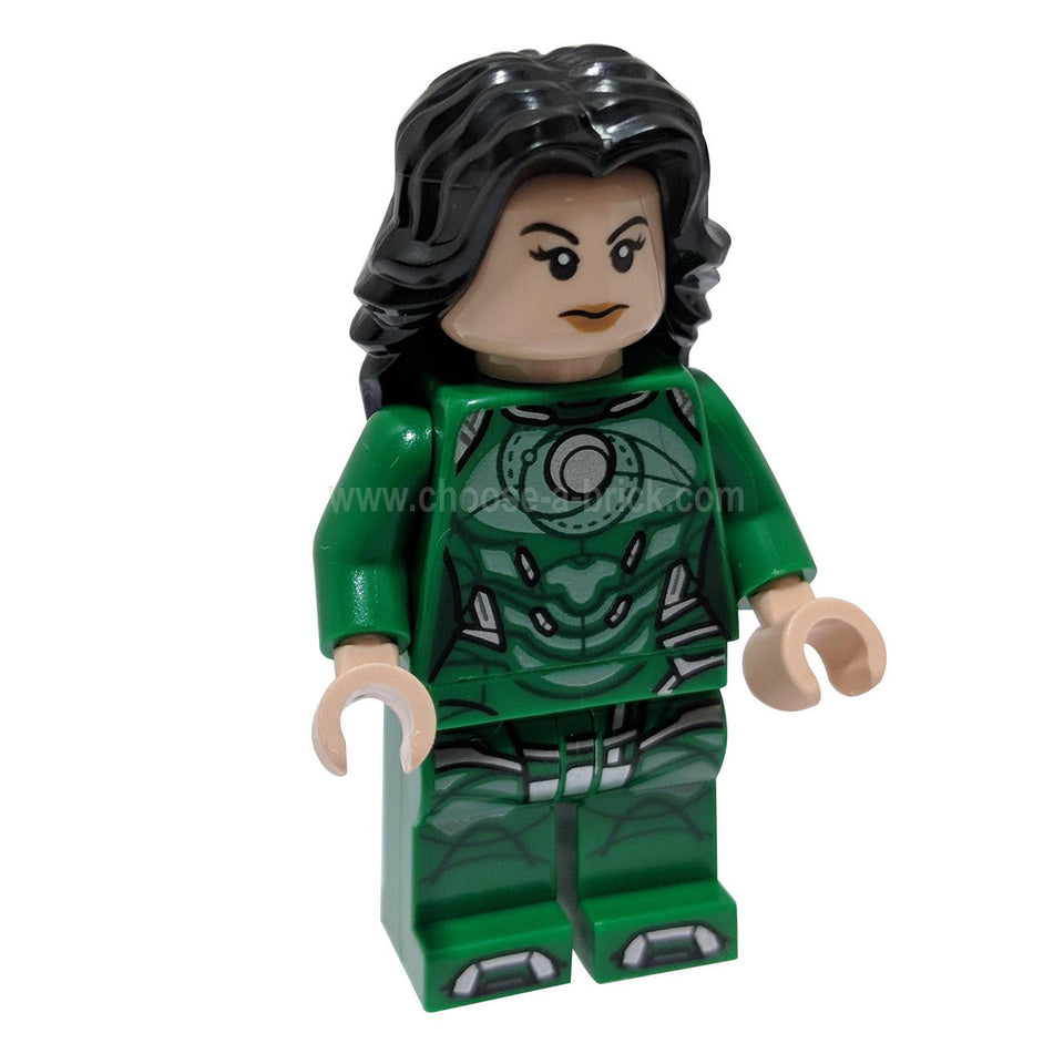 LEGO Sersi minifigure sh0765 with green torso and circular print design
