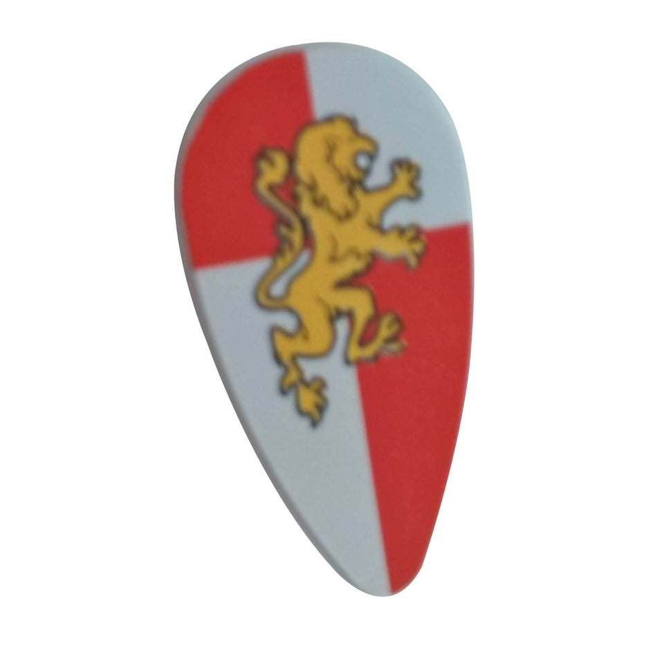 LEGO® Castle ovoid shield featuring a rampant gold lion insignia on a red and white quartered background.