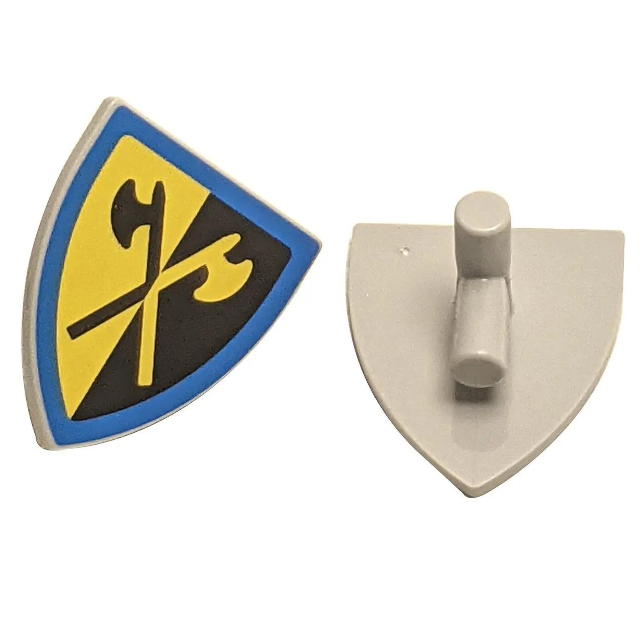LEGO® Castle triangular shield featuring a pattern of crossed black halberds on a yellow and black background with a blue border, part 3846pb066.