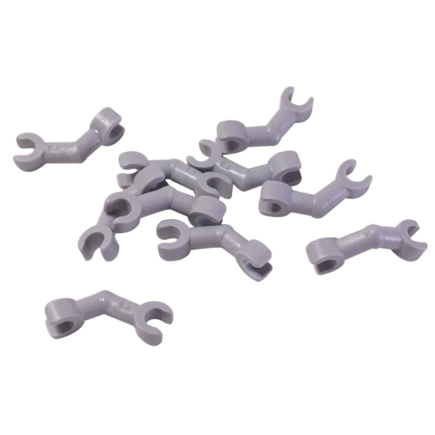 LEGO® skeleton arm bent with clips at 90 degrees, vertical grip design for holding accessories, light bluish gray  color
