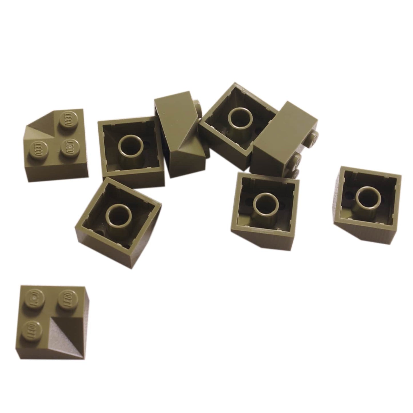 LEGO® Slope 45 2 x 2 Double Concave (3046a) in olive green, featuring two inward-curving angled slopes forming a recessed shape.
