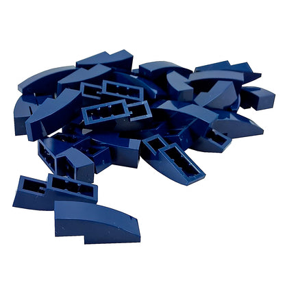 Close-up of LEGO® Slope, Curved 3 x 1 (50950) in dark blue, featuring a smooth curved design ideal for vehicle bodies, architecture, and decorative detailing.
