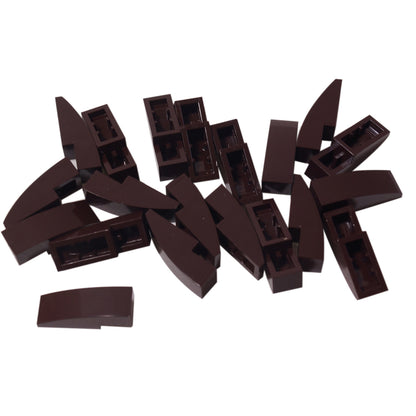 Close-up of LEGO® Slope, Curved 3 x 1 (50950) in dark brown, featuring a smooth curved design ideal for vehicle bodies, architecture, and decorative detailing.
