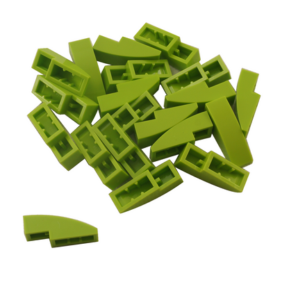 Close-up of LEGO® Slope, Curved 3 x 1 (50950) in lime, featuring a smooth curved design ideal for vehicle bodies, architecture, and decorative detailing.
