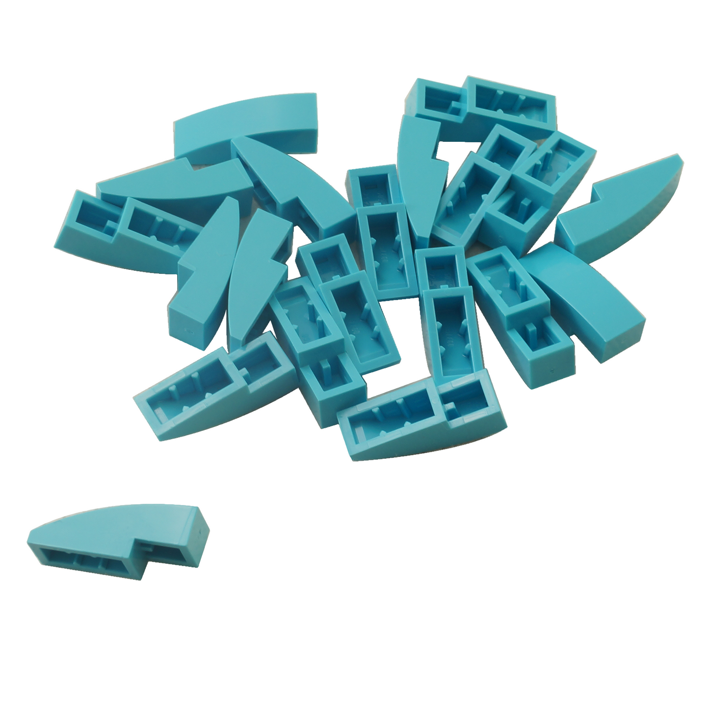 Close-up of LEGO® Slope, Curved 3 x 1 (50950) in medium azure, featuring a smooth curved design ideal for vehicle bodies, architecture, and decorative detailing.
