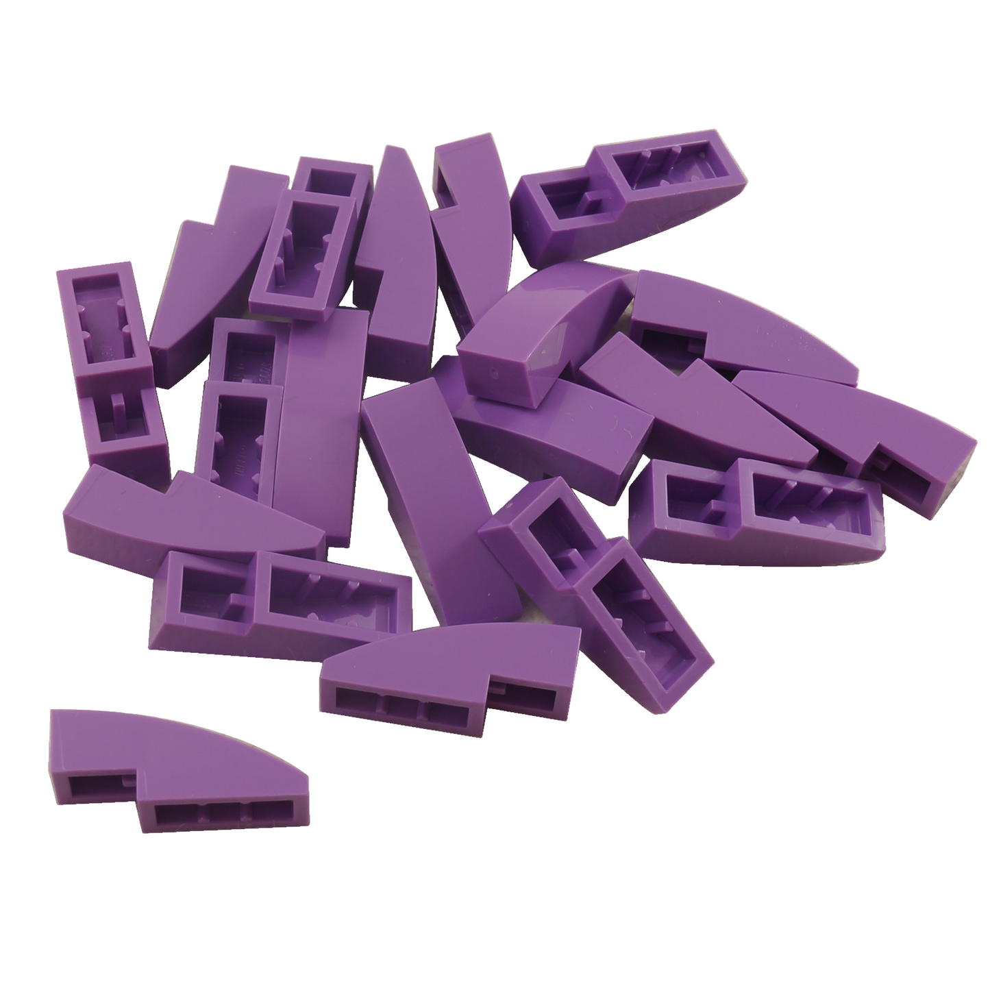 Close-up of LEGO® Slope, Curved 3 x 1 (50950) in medium lavender, featuring a smooth curved design ideal for vehicle bodies, architecture, and decorative detailing.

