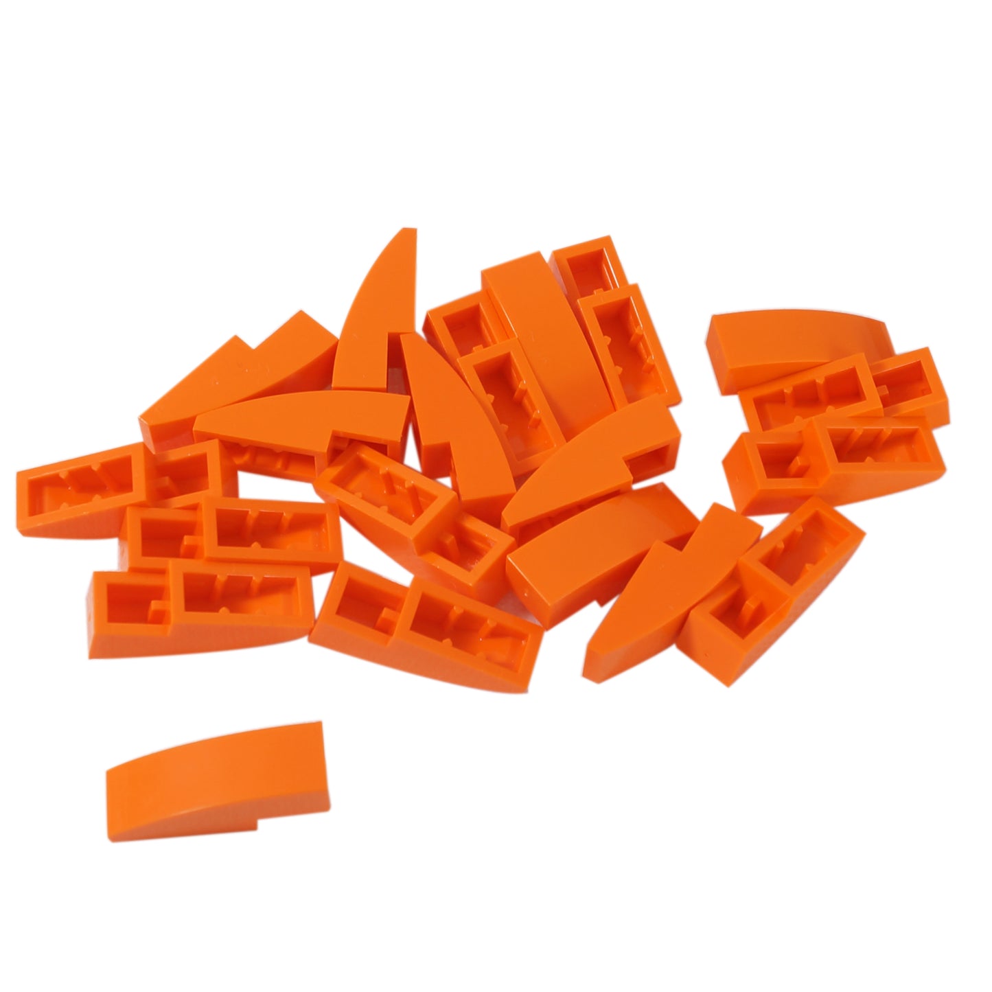 Close-up of LEGO® Slope, Curved 3 x 1 (50950) in orange, featuring a smooth curved design ideal for vehicle bodies, architecture, and decorative detailing.
