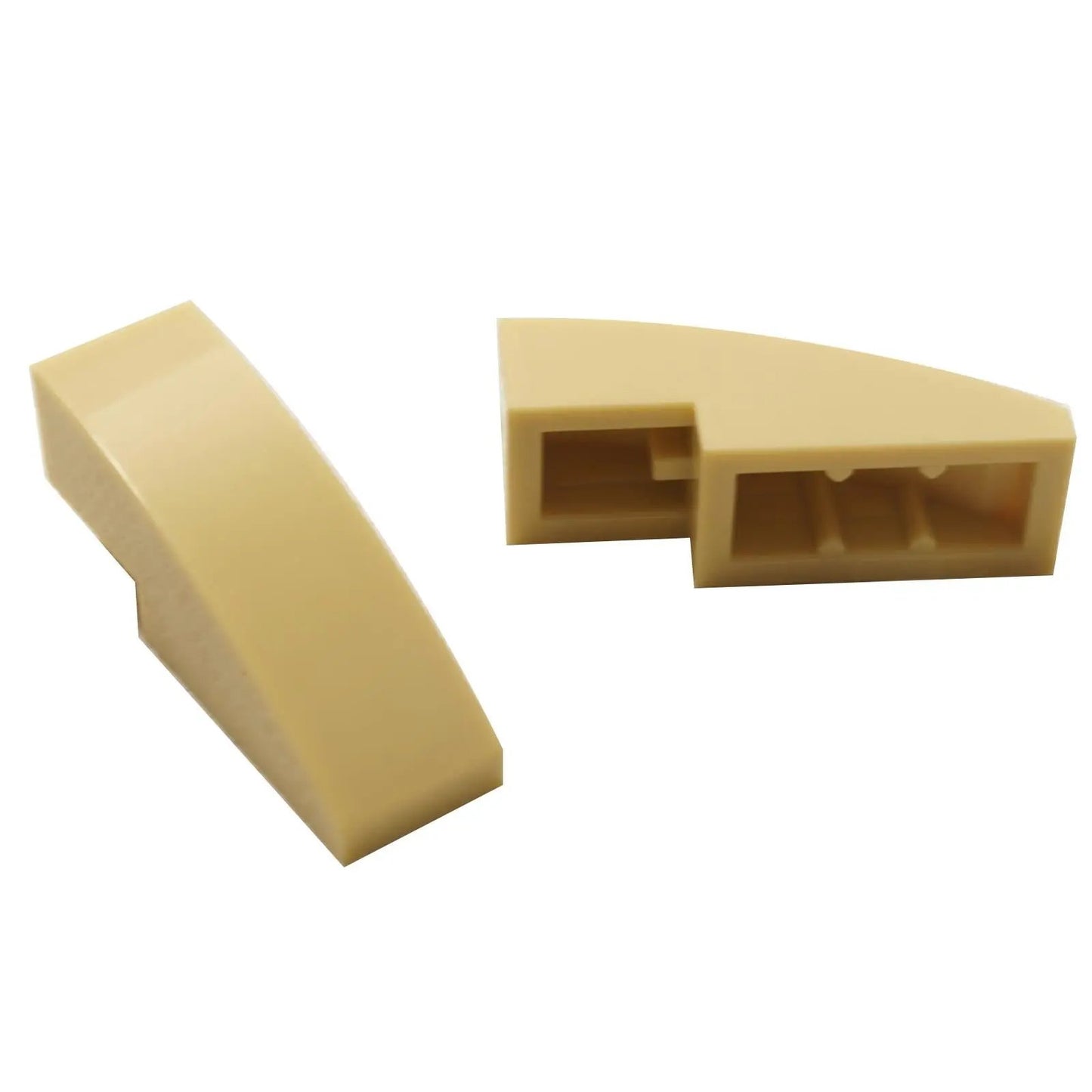 Close-up of LEGO® Slope, Curved 3 x 1 (50950) in tan, featuring a smooth curved design ideal for vehicle bodies, architecture, and decorative detailing.
