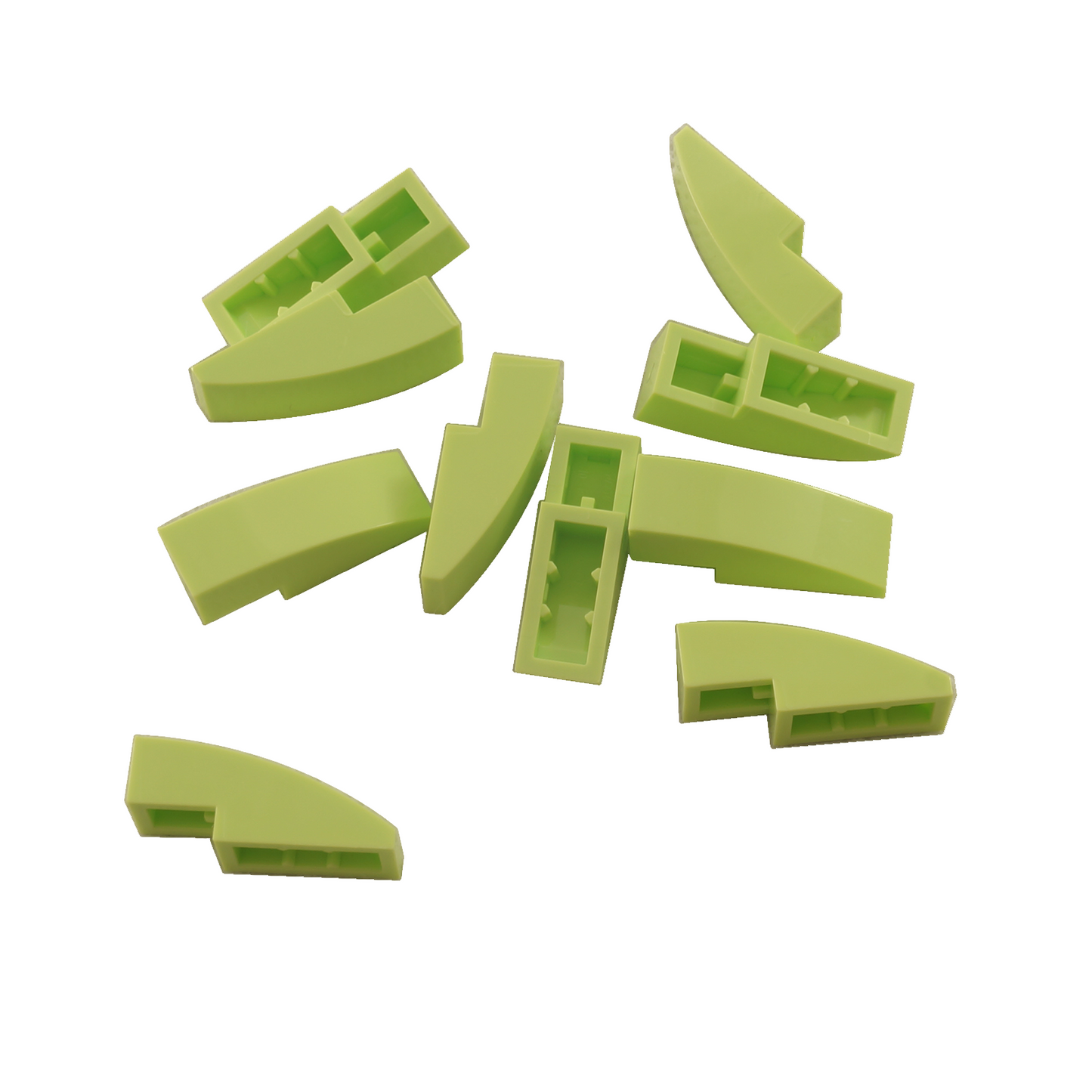 Close-up of LEGO® Slope, Curved 3 x 1 (50950) in yellowish green, featuring a smooth curved design ideal for vehicle bodies, architecture, and decorative detailing.
