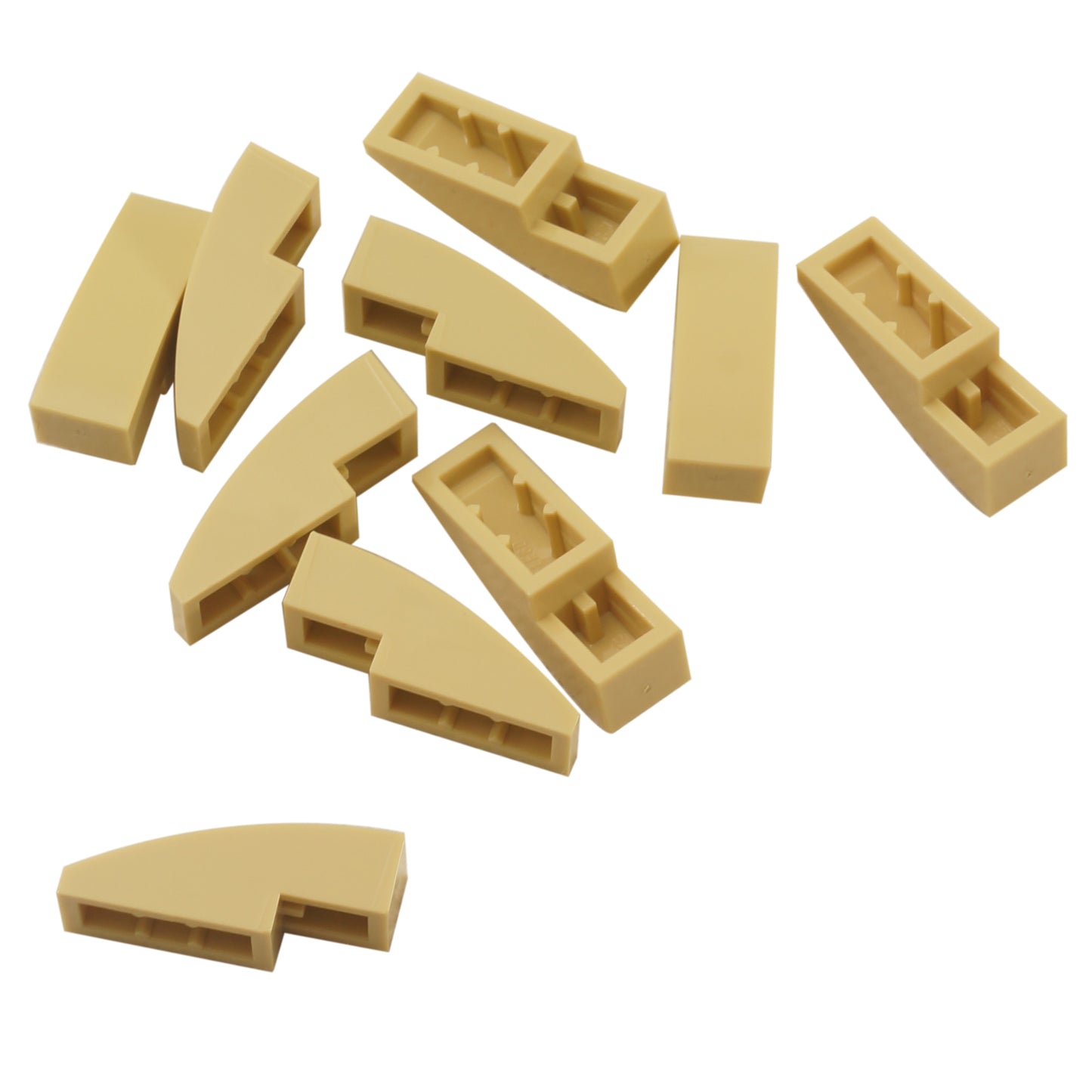 Close-up of LEGO® Slope, Curved 3 x 1 (50950) in tan, featuring a smooth curved design ideal for vehicle bodies, architecture, and decorative detailing.