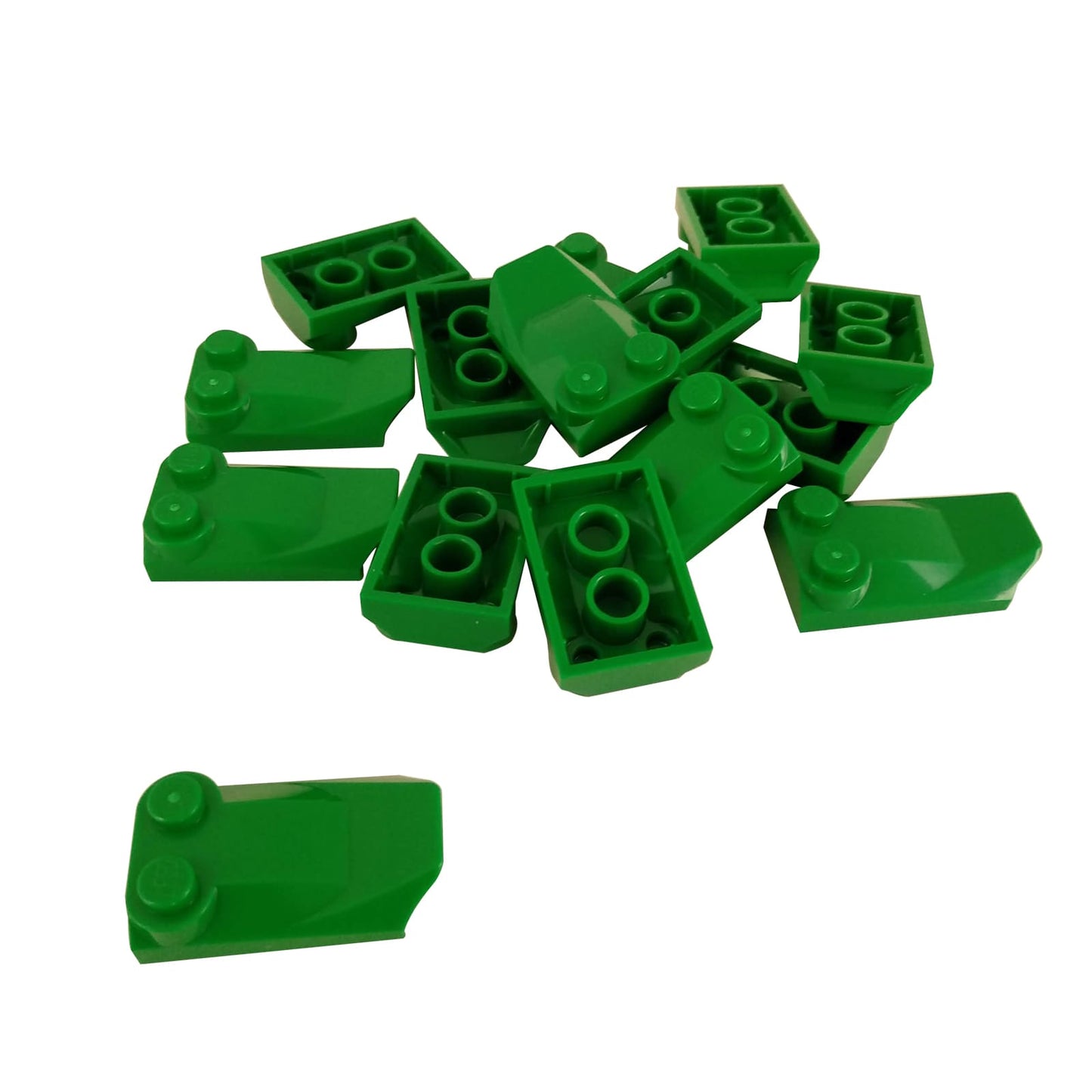 LEGO® curved slope 3 x 2 x 2/3 with two studs, wing end shape for aircraft or vehicle detailing, green color
