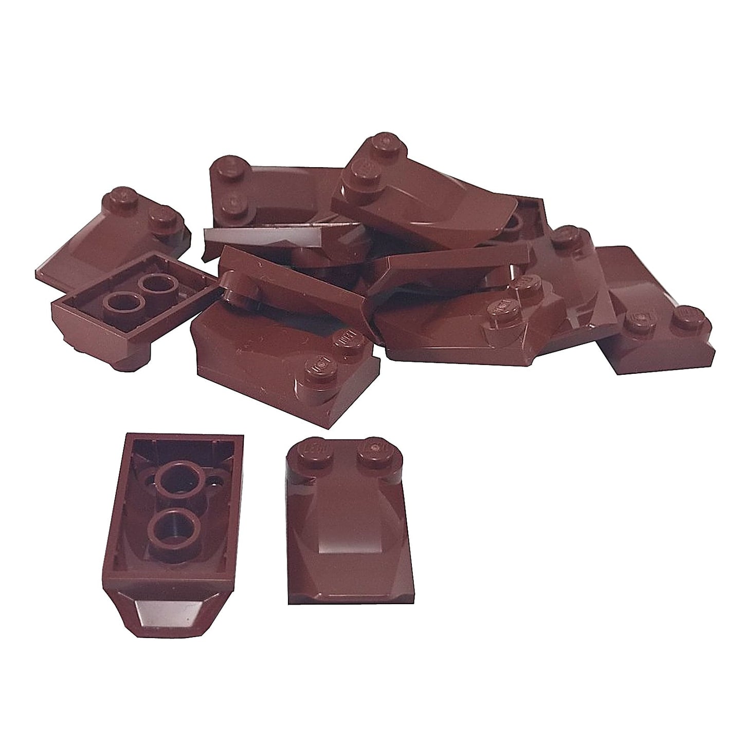 LEGO® curved slope 3 x 2 x 2/3 with two studs, wing end shape for aircraft or vehicle detailing, reddish brown color

