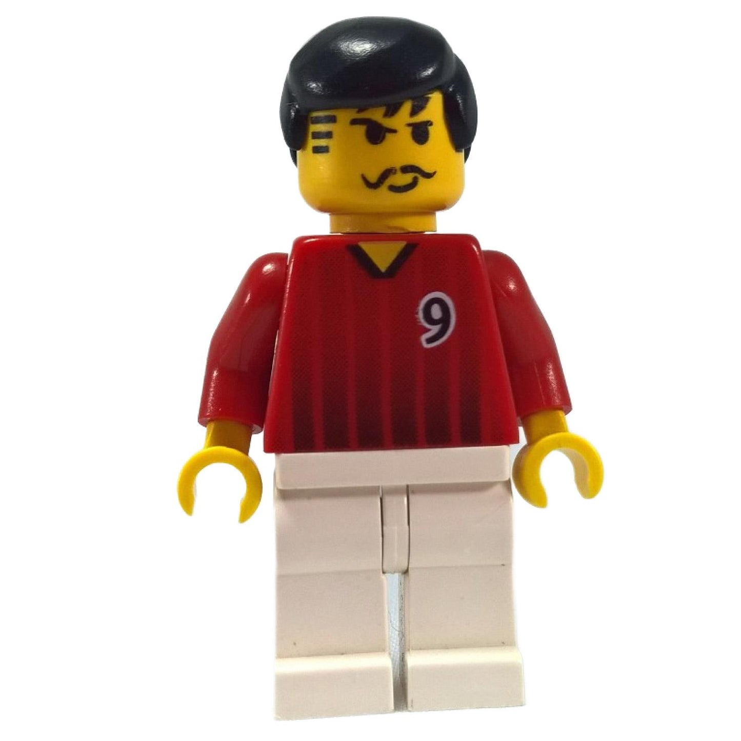 LEGO® Soccer Player minifigure (soc088) in red #9 jersey and white shorts, with a mustache and black hair, front view.