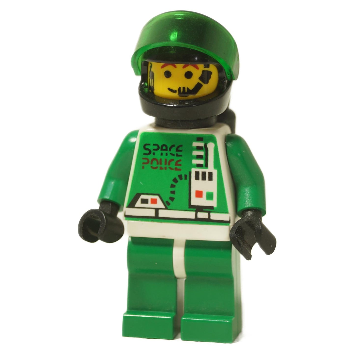 LEGO® Space Police 2 Officer minifigure (sp037) with green and white uniform, black helmet with green visor, and airtanks, showing front and back views.