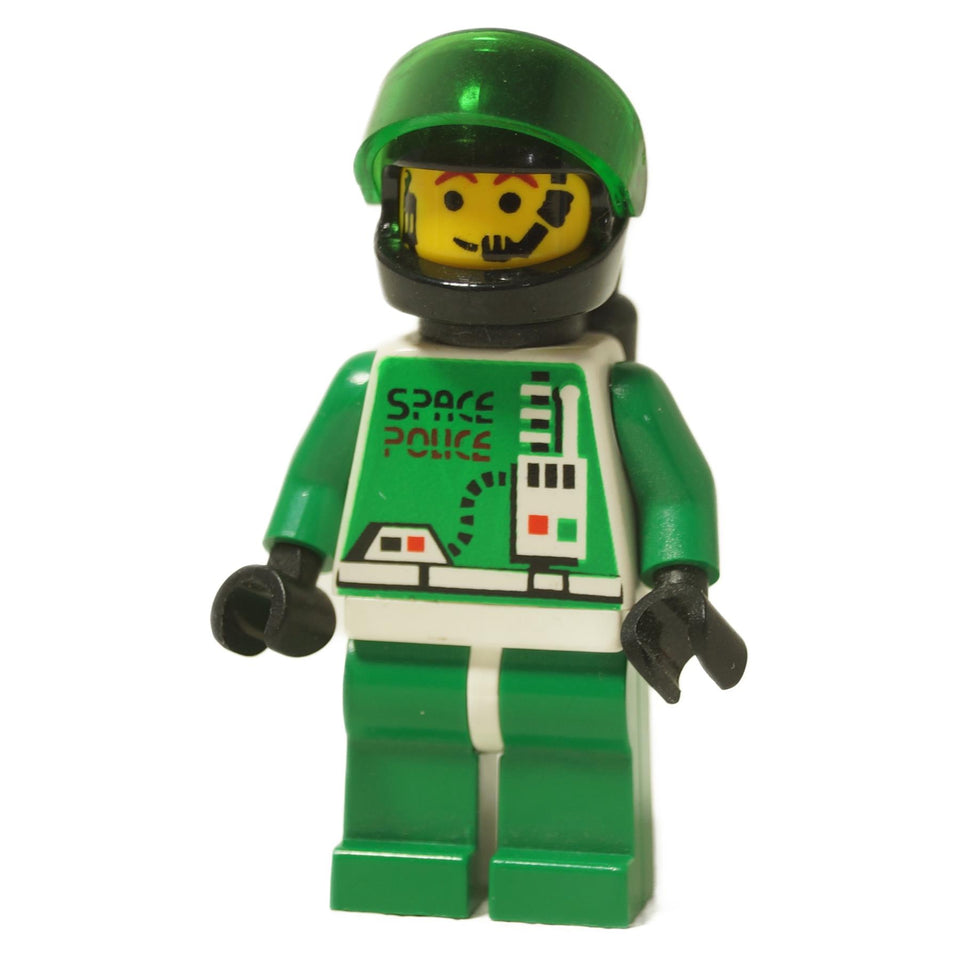 LEGO® Space Police 2 Officer minifigure (sp037) with green and white uniform, black helmet with green visor, and airtanks, showing front and back views.