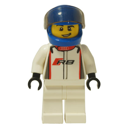 LEGO® Speed Champions Audi R8 Race Driver minifigure (sc025) front view in white suit with red R8 logo and blue helmet.