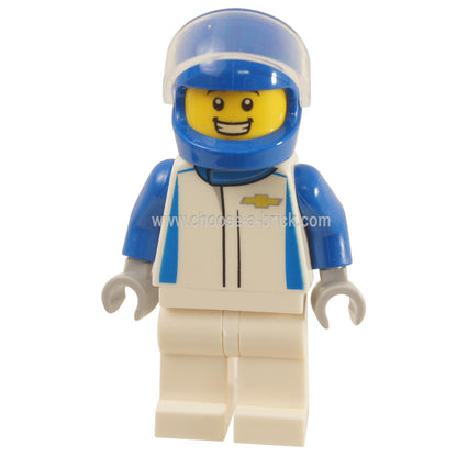  LEGO® Speed Champions Chevrolet Camaro ZL1 race driver minifigure (sc068) wearing a blue and white racing suit with a helmet and a confident smile.