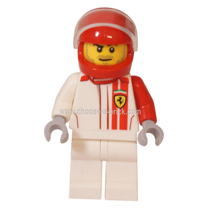 LEGO® Speed Champions Ferrari F40 Competizione driver minifigure (sc077) in a white and red racing suit with the Ferrari logo and a red helmet.
