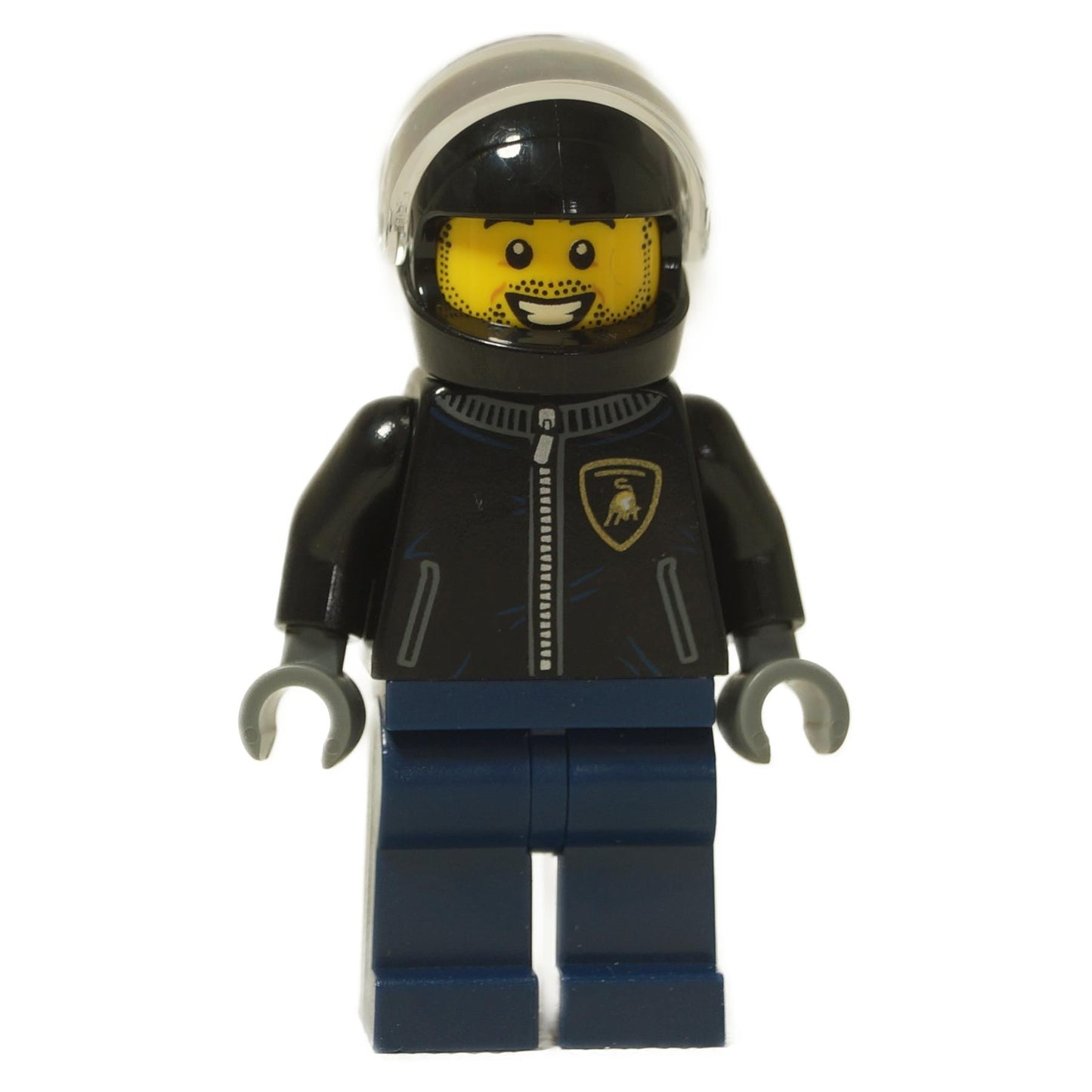 LEGO® Speed Champions Lamborghini Countach Driver minifigure (sc095) front view with black helmet and Lamborghini logo jacket.