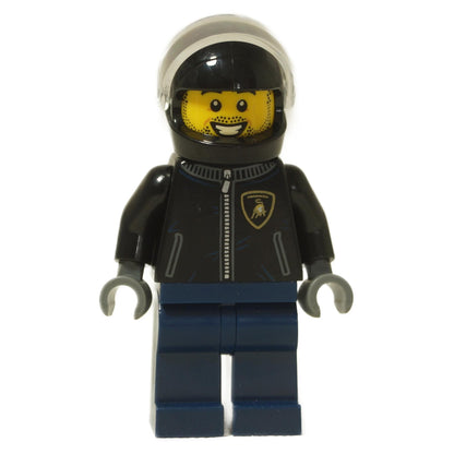 LEGO® Speed Champions Lamborghini Countach Driver minifigure (sc095) front view with black helmet and Lamborghini logo jacket.